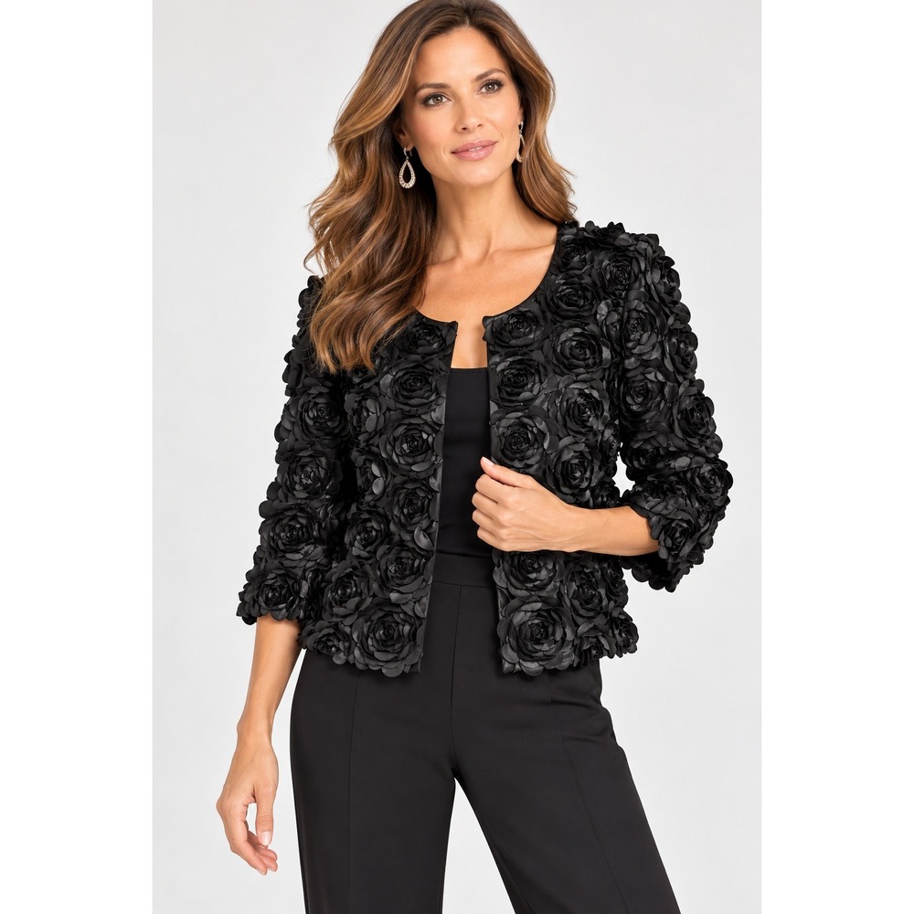 Boston Proper Rosette Jacket Womens Medium Black New 3D Floral Applique 2CJ89